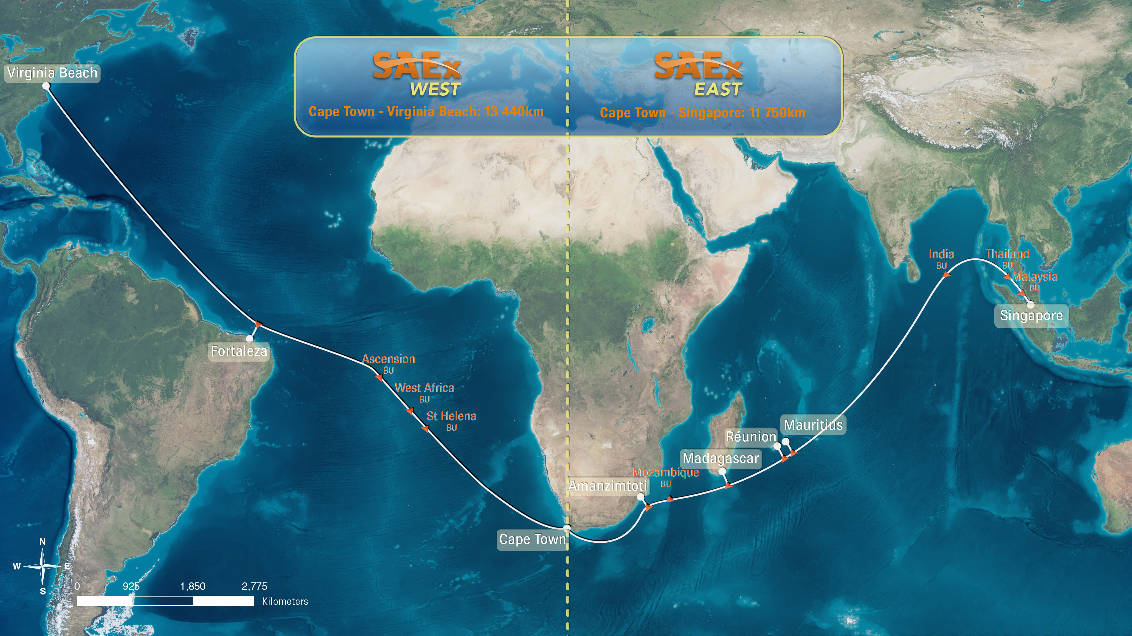 Map of South Atlantic Express Cable (SAEx1) and South Asia Express Cable (SAEx2)
